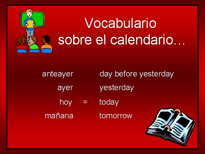 Vocabulario sobre el calendario… anteayer day before yesterday ayer hoy mañana yesterday = today