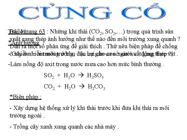 Trả Bàilời 4 trang : 63 : Những khí thải (CO 2, SO 2,