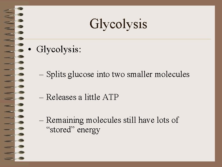 Glycolysis • Glycolysis: – Splits glucose into two smaller molecules – Releases a little