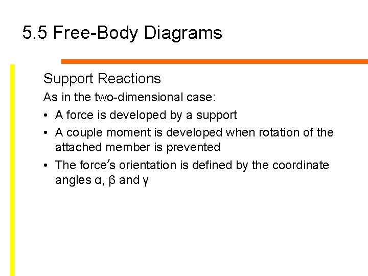 5. 5 Free-Body Diagrams Support Reactions As in the two-dimensional case: • A force