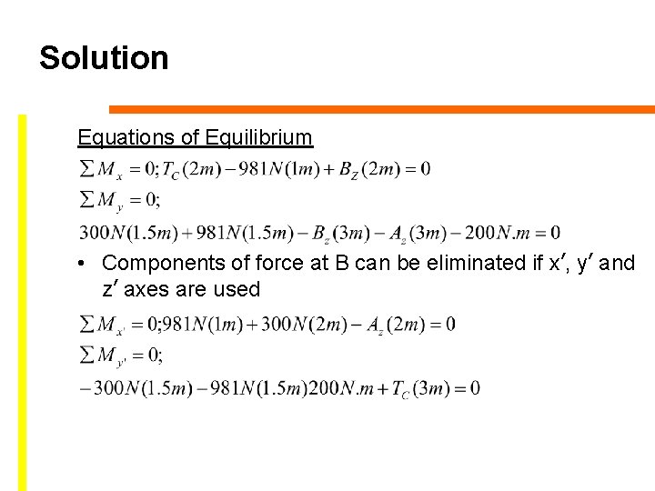 Solution Equations of Equilibrium • Components of force at B can be eliminated if