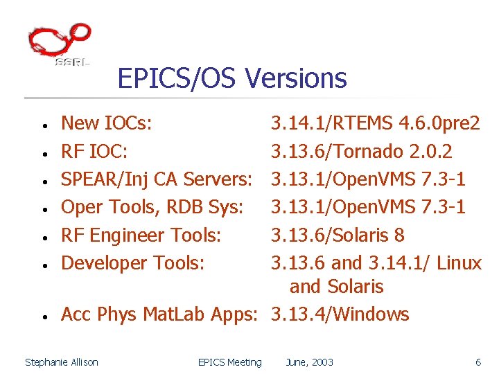 EPICS/OS Versions • • New IOCs: RF IOC: SPEAR/Inj CA Servers: Oper Tools, RDB