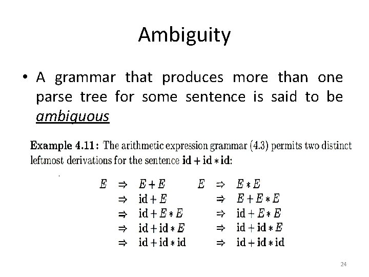 Ambiguity • A grammar that produces more than one parse tree for some sentence