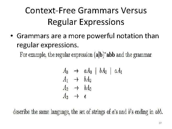 Context-Free Grammars Versus Regular Expressions • Grammars are a more powerful notation than regular