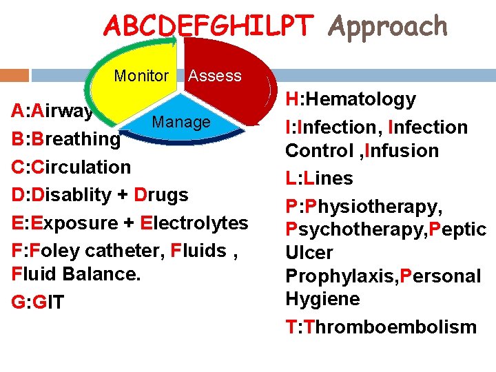 ABCDEFGHILPT Approach Monitor Assess A: Airway Manage B: Breathing C: Circulation D: Disablity +