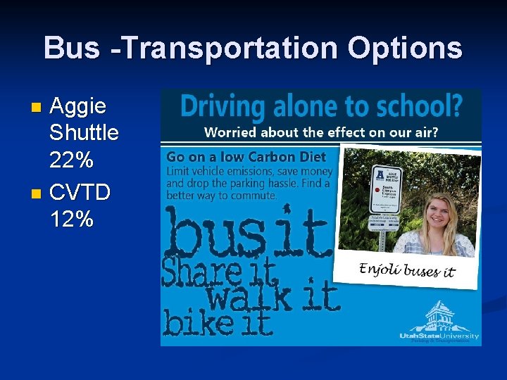Bus -Transportation Options Aggie Shuttle 22% n CVTD 12% n 