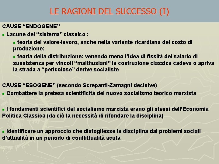 LE RAGIONI DEL SUCCESSO (I) CAUSE “ENDOGENE” n Lacune del “sistema” classico : n