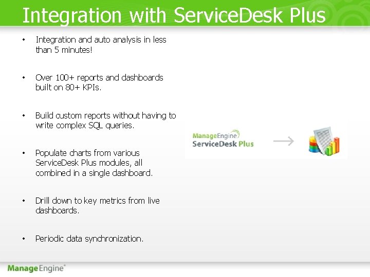 Integration with Service. Desk Plus • Integration and auto analysis in less than 5