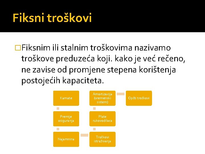 Fiksni troškovi �Fiksnim ili stalnim troškovima nazivamo troškove preduzeća koji. kako je već rečeno,