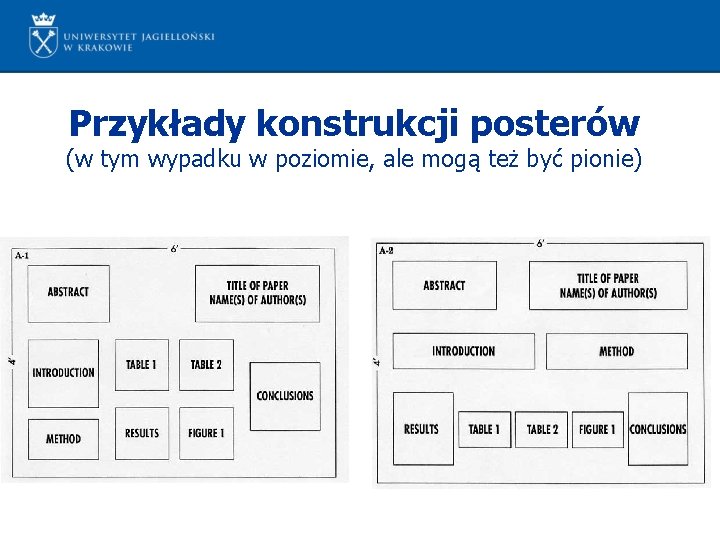 Przykłady konstrukcji posterów (w tym wypadku w poziomie, ale mogą też być pionie) 