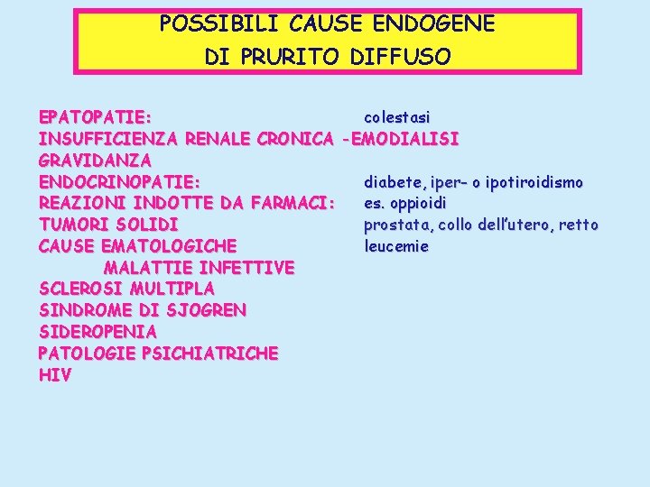POSSIBILI CAUSE ENDOGENE DI PRURITO DIFFUSO EPATOPATIE: colestasi INSUFFICIENZA RENALE CRONICA -EMODIALISI GRAVIDANZA ENDOCRINOPATIE:
