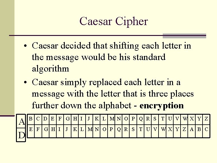 Caesar Cipher • Caesar decided that shifting each letter in the message would be