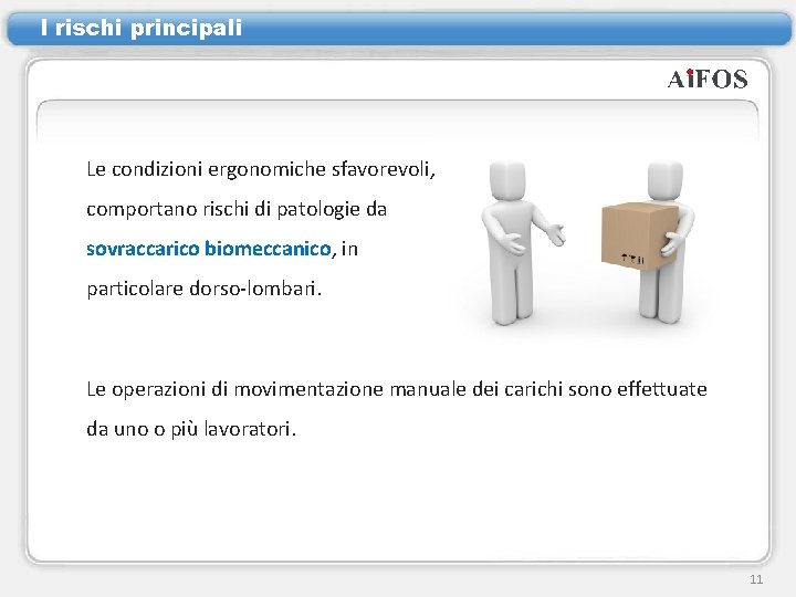 I rischi principali Le condizioni ergonomiche sfavorevoli, comportano rischi di patologie da sovraccarico biomeccanico,