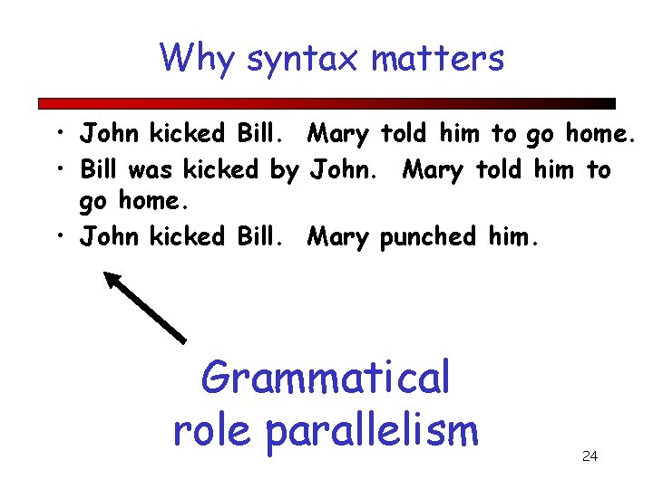 Why syntax matters • John kicked Bill. Mary told him to go home. •