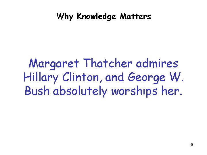 Why Knowledge Matters Margaret Thatcher admires Hillary Clinton, and George W. Bush absolutely worships