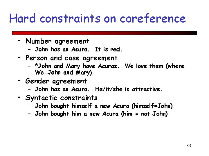 Hard constraints on coreference • Number agreement – John has an Acura. It is