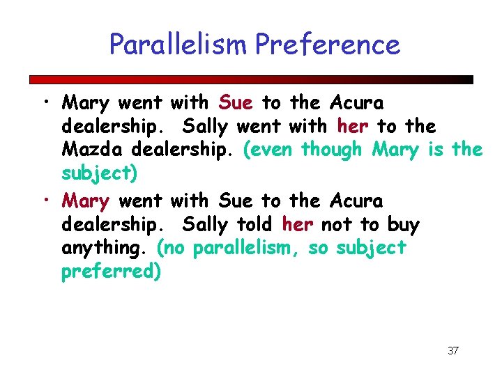 Parallelism Preference • Mary went with Sue to the Acura dealership. Sally went with