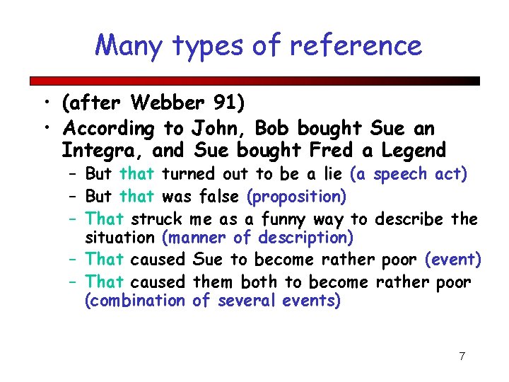 Many types of reference • (after Webber 91) • According to John, Bob bought