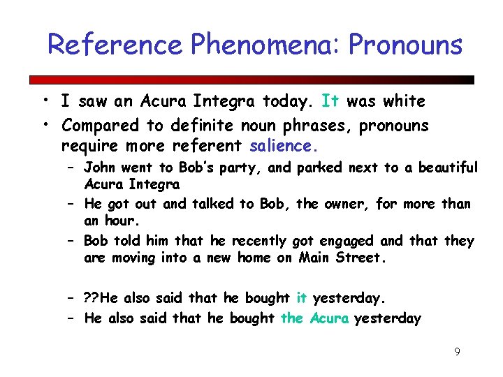 Reference Phenomena: Pronouns • I saw an Acura Integra today. It was white •