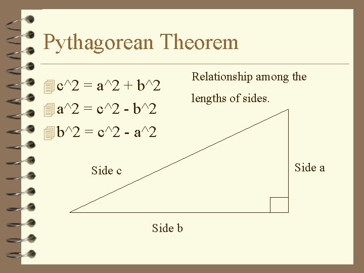 Pythagorean Theorem 4 c^2 = a^2 + b^2 4 a^2 = c^2 - b^2