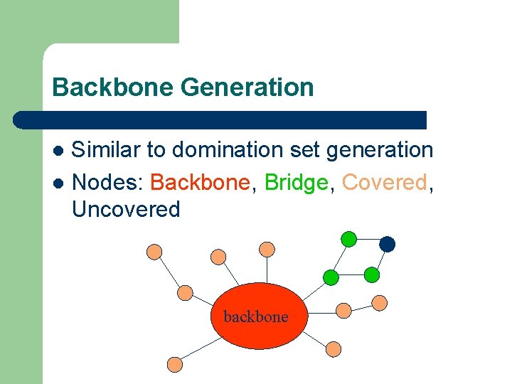 Backbone Generation Similar to domination set generation l Nodes: Backbone, Bridge, Covered, Uncovered l