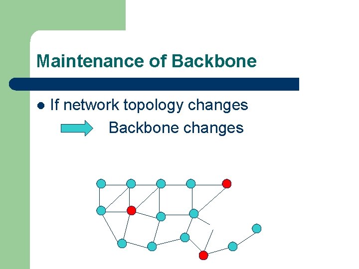 Maintenance of Backbone l If network topology changes Backbone changes 