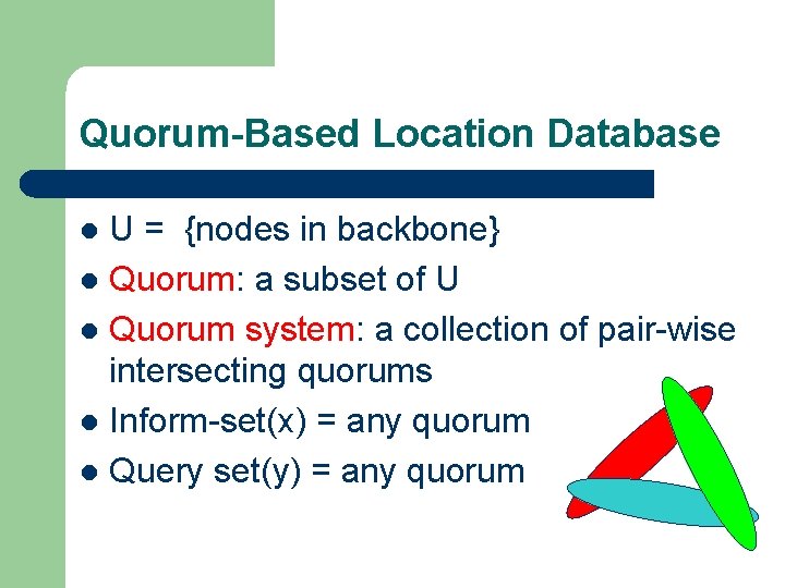 Quorum-Based Location Database U = {nodes in backbone} l Quorum: a subset of U