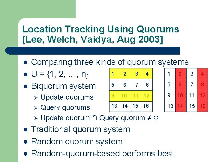 Location Tracking Using Quorums [Lee, Welch, Vaidya, Aug 2003] l l l Comparing three