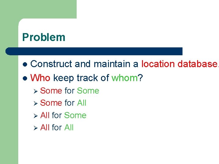 Problem Construct and maintain a location database. l Who keep track of whom? l