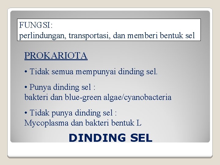 FUNGSI: perlindungan, transportasi, dan memberi bentuk sel PROKARIOTA • Tidak semua mempunyai dinding sel.