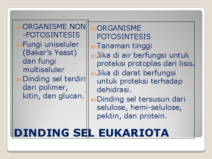  ORGANISME NON -FOTOSINTESIS Fungi uniseluler (Baker’s Yeast) dan fungi multiseluler Dinding sel terdiri