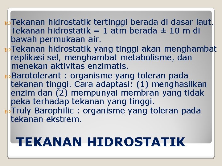  Tekanan hidrostatik tertinggi berada di dasar laut. Tekanan hidrostatik = 1 atm berada