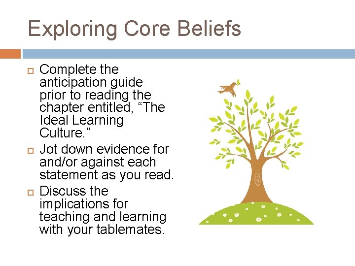 Exploring Core Beliefs Complete the anticipation guide prior to reading the chapter entitled, “The