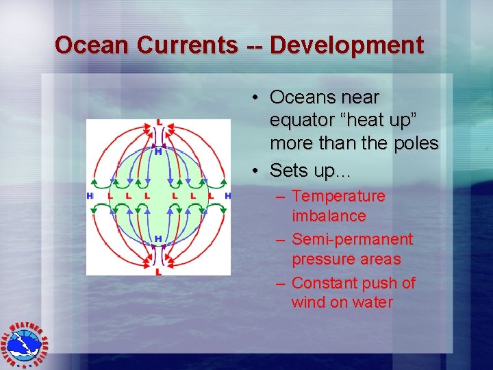 Ocean Currents -- Development • Oceans near equator “heat up” more than the poles