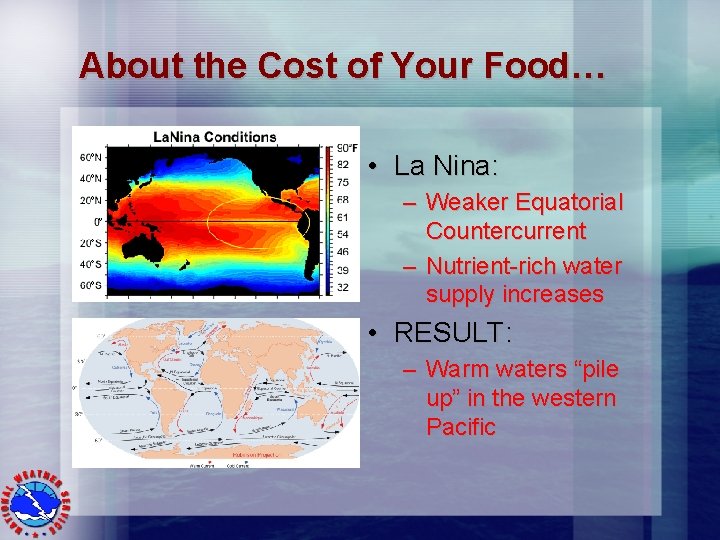 About the Cost of Your Food… • La Nina: – Weaker Equatorial Countercurrent –
