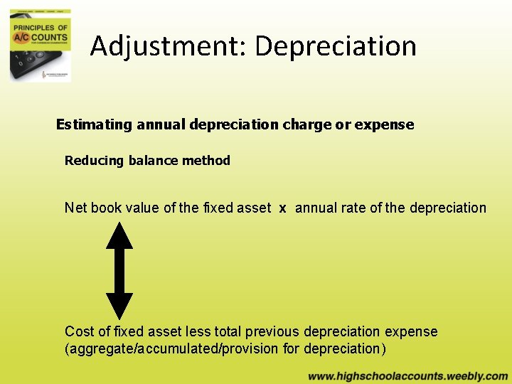 Adjustment: Depreciation Estimating annual depreciation charge or expense Reducing balance method Net book value