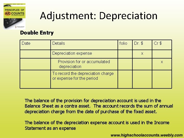 Adjustment: Depreciation Double Entry Date Details Depreciation expense Provision for or accumulated depreciation folio