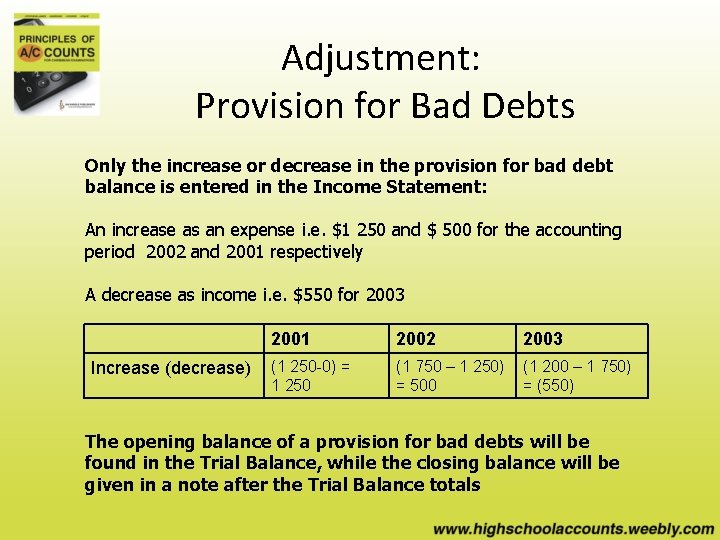 Adjustment: Provision for Bad Debts Only the increase or decrease in the provision for