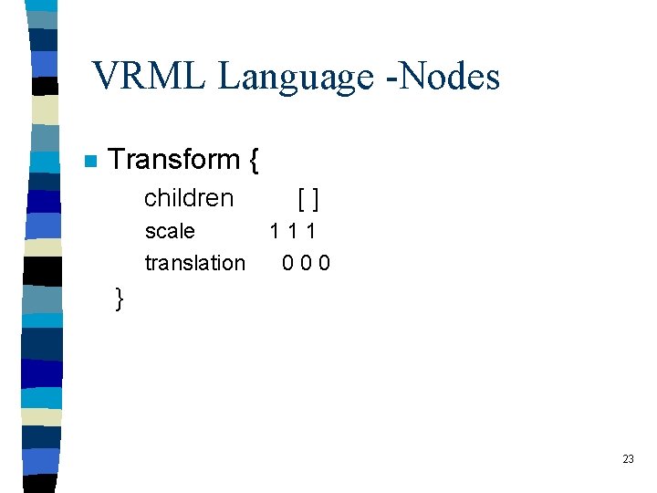 VRML Language -Nodes n Transform { children scale translation [] 111 000 } 23