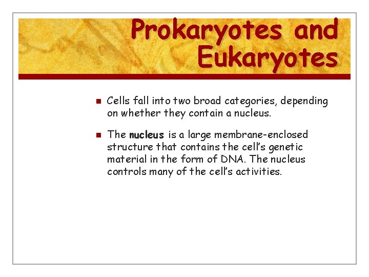 Prokaryotes and Eukaryotes n n Cells fall into two broad categories, depending on whether