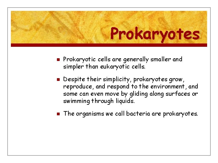 Prokaryotes n n n Prokaryotic cells are generally smaller and simpler than eukaryotic cells.