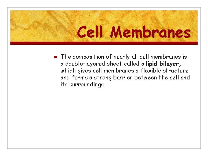 Cell Membranes n The composition of nearly all cell membranes is a double-layered sheet