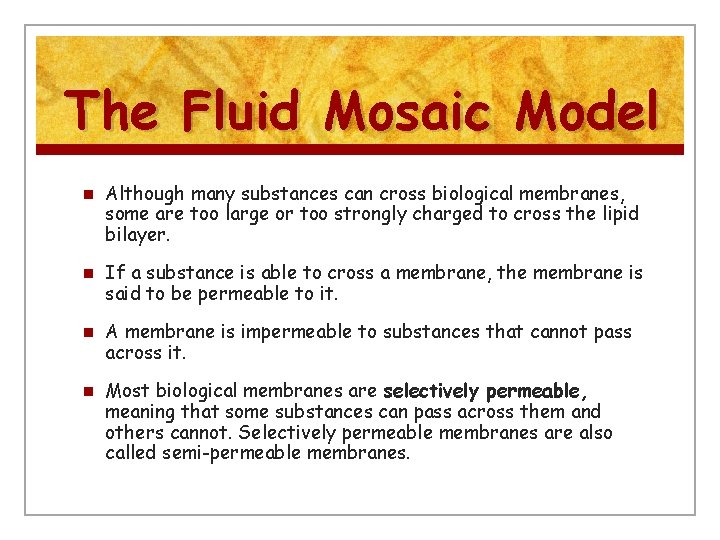 The Fluid Mosaic Model n n Although many substances can cross biological membranes, some