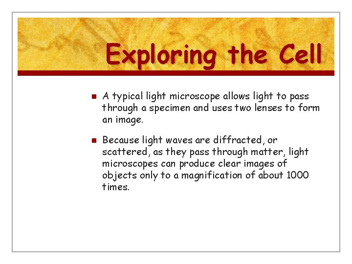 Exploring the Cell n n A typical light microscope allows light to pass through