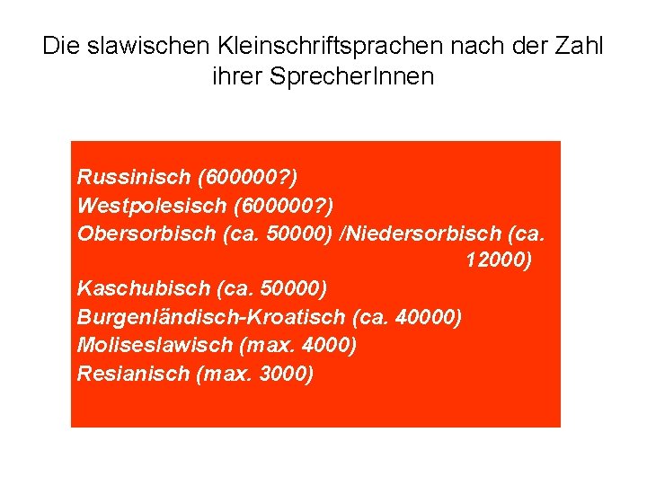 Die slawischen Kleinschriftsprachen nach der Zahl ihrer Sprecher. Innen Russinisch (600000? ) Westpolesisch (600000?