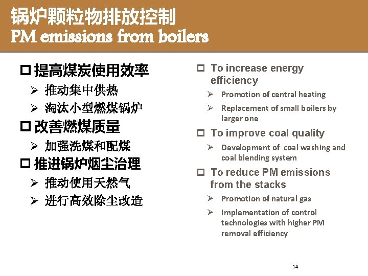 锅炉颗粒物排放控制 PM emissions from boilers p 提高煤炭使用效率 Ø 推动集中供热 Ø 淘汰小型燃煤锅炉 p 改善燃煤质量 Ø