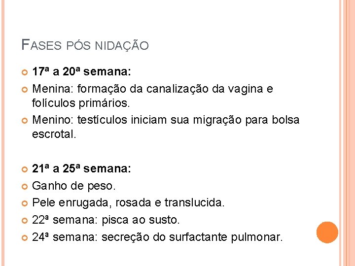 FASES PÓS NIDAÇÃO 17ª a 20ª semana: Menina: formação da canalização da vagina e