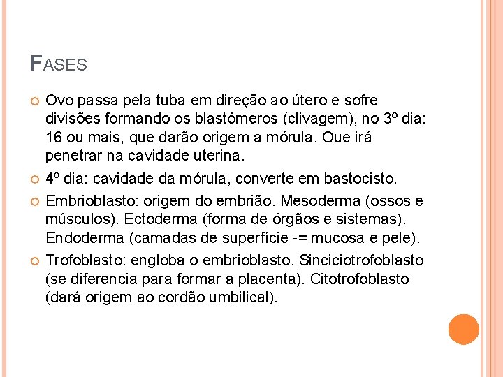 FASES Ovo passa pela tuba em direção ao útero e sofre divisões formando os