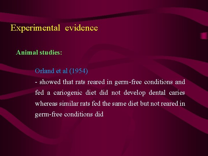 Experimental evidence Animal studies: Orland et al (1954) - showed that rats reared in Experimental evidence Animal studies: Orland et al (1954) - showed that rats reared in