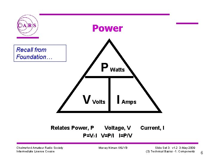 Power Recall from Foundation… P Watts V Volts I Amps Relates Power, P Voltage,